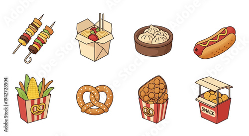 vector graphic illustration of various street food items on white background