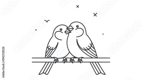 Embracing Pair of Lovebirds: Delicate outlines depict two charming lovebirds perched closely together, their bond of affection radiating warmth and harmony, set against a simple backdrop.