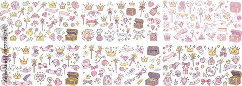 A whimsical collection of pastel-colored illustrations featuring crowns, treasures, and magical symbols for a playful touch.