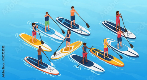Group of People Paddleboarding Together.