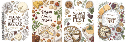 Vibrant vegan cheese bazaar illustrations with various plant-based cheeses.