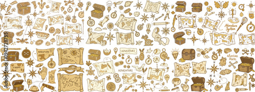 A whimsical collection of vintage adventure-themed illustrations featuring maps, treasures, and navigational tools.