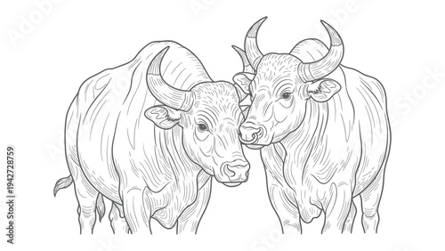 Monochrome bovine portrait: A pair of majestic bovine creatures are portrayed with intricate detail, their powerful physique and curved horns standing out against a simple canvas. 