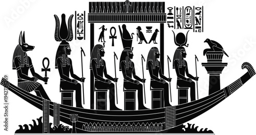 Ancient Egyptian Gods Boat Illustration with Hieroglyphs and Mythology Symbols in Traditional Silhouette Style for History, Culture, and Civilization Design