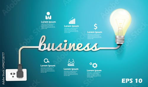 Integrated Business Operations Infographic. Vector Illustration of a Power Cord Forming the Word "Business" Connecting a Wall Plug to a Glowing Light Bulb on a Cyan Background.