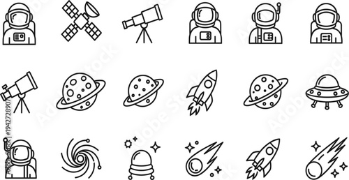 Space and Astronomy Line Icon Set with Astronaut, Rocket, Satellite, Planet, Telescope, UFO, and Galaxy Symbols for Science and Exploration Designs