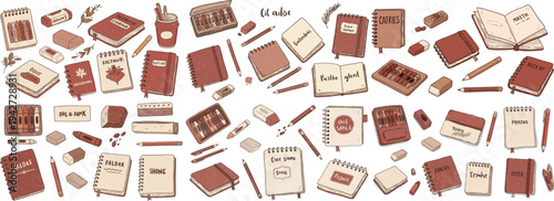 Aesthetic collection of stationery items, featuring various notebooks and writing tools in warm earthy tones.