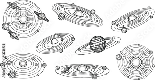 Hand Drawn Solar System Orbits and Planets Illustration Set with Galaxy Elements in Vintage Engraving Style for Astronomy, Space Science, and Universe Designs