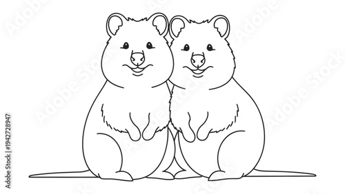 Two Quokka Line Art: A minimalist line art illustration featuring two adorable quokkas, radiating their characteristic happiness.