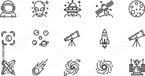 Space Exploration Line Icon Set with Astronaut, Rocket, Satellite, UFO, Alien, Telescope, and Galaxy Symbols for Astronomy and Science Design Projects