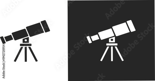 Telescope Icon in Black and White Silhouette Style for Astronomy, Space Observation, Science Research, and Stargazing Technology Symbol Design