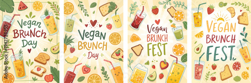 Vibrant vegan brunch-themed illustrations featuring colorful drinks and food.
