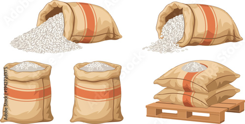 Rice grain and sack illustration set with packaged bags bulk storage and food agriculture supply vector design collection