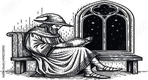Medieval Wizard Reading Magic Book by Window with Stars Vintage Engraving Illustration for Fantasy, Mysticism, Ancient Knowledge, and Storytelling Design
