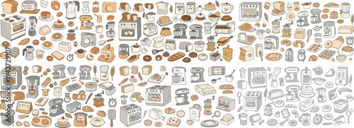 An array of kitchen appliances, baking tools, and delicious baked goods, showcasing a variety of pastries and breads.