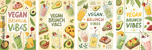 Colorful vegan brunch illustration featuring vibrant dishes and drinks.