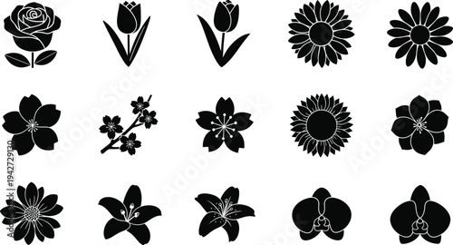 Black silhouettes of various flowers on white background