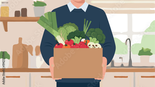 Person holding box of fresh vegetables in kitchen setting