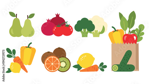 Colorful flat fruits and vegetables set for healthy eating designs