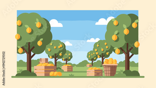 Lemon orchard scene with trees and wooden crates under blue sky