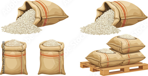 Rice grain and sack illustration set with packaged bags bulk storage and food agriculture supply vector design collection