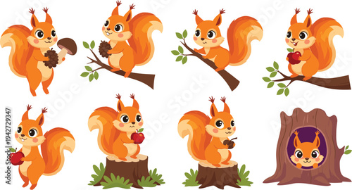 Cute Cartoon Squirrels Collection with Acorns Pinecones Apples and Tree Stump Forest Animals Vector Illustration Set