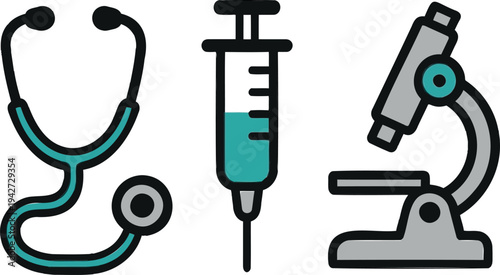 Essential Medical and Scientific Tools Icon Set: Stethoscope, Syringe, and Microscope for Healthcare, Research, and Diagnostics on a Clean Background