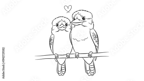 Kookaburras in Love: A tender illustration depicts a pair of kookaburras perched together on a branch, a symbol of love and affection. A single heart above them conveys their connection.