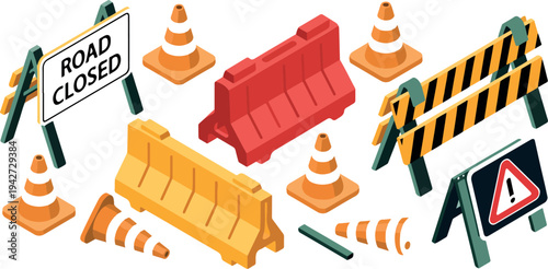 Road closed construction isometric illustration set with barriers traffic cones and warning signs safety vector design elements