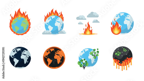 Global warming conceptual icons with earth on fire and environmental change
