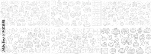 An intricate black and white illustration of various desserts and cakes, ideal for coloring or puzzle activities.