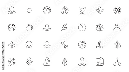 Minimalist eco icons: plants, earth globes, leaves, and growth symbols for nature and sustainability