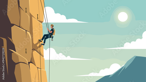 Adventurous rock climber ascending a cliff under the sun in a scenic landscape