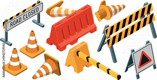 Road closed construction isometric illustration set with barriers traffic cones and warning signs safety vector design elements