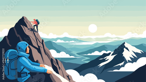 Adventure seekers climbing majestic mountain peaks at sunrise