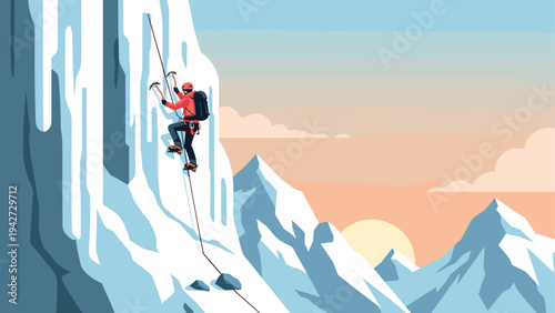 Alpine adventure: climber ascends snowy mountain at sunrise