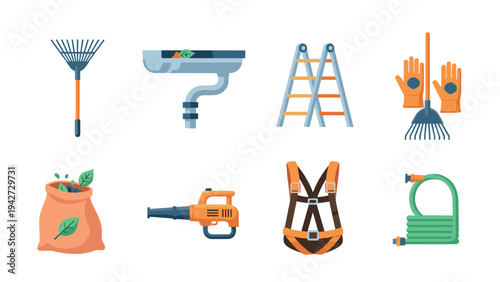Gardening and maintenance tools: flat icons of rake, ladder, gloves, and more