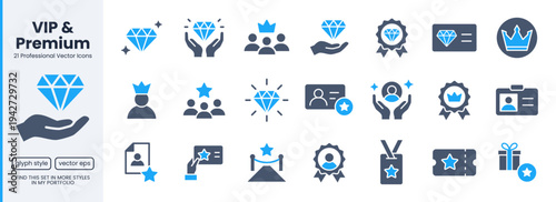 VIP status, loyalty glyph icon set. Exclusive membership benefit, diamond, premium quality minimal vector illustrations. Simple doutone signs for club member. Blue flat pictograms.