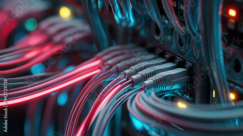 Close view of glowing fiber optic cables connected to powerful servers in abstract neon environment, high speed internet infrastructure and digital data transmission concept