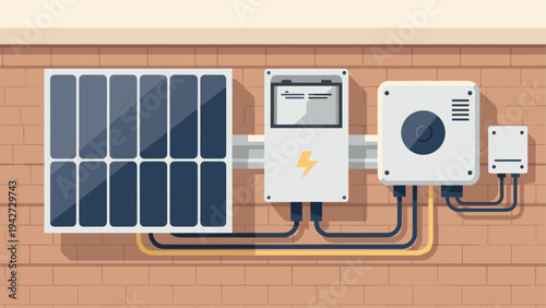 Solar power system on brick wall with modern design and clean energy technology