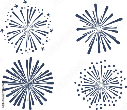 Colorful fireworks displays in vibrant geometric patterns radiating from central points