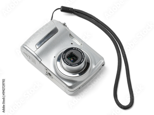 Vintage Silver Compact Point and Shoot Digital Camera, Early 2000s Retro Technology, Isolated on White Background	

