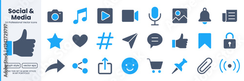Social media glyph icon set. Camera, chat bubble, heart, notification bell, shopping cart vector illustrations. Simple doutone signs for internet sns communication. Blue flat pictograms.