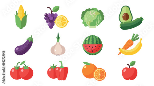 Colorful flat icons of fruits and vegetables for healthy eating designs