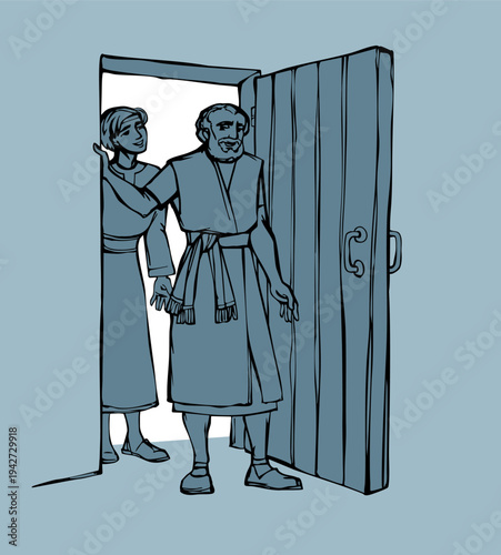 Vector drawing. A man enters the door