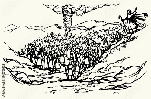 Vector drawing. The people of Israel and the pillar of cloud