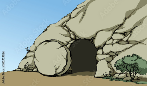 Vector drawing. Old stone cave door