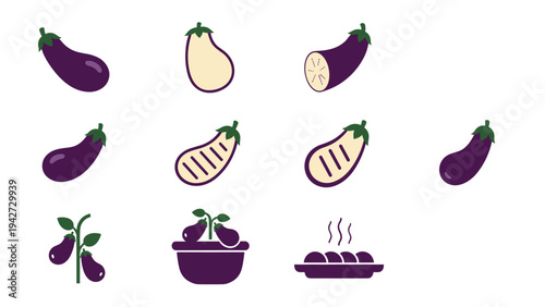 Collection of eggplant icons in flat style with various cuts and cooking methods