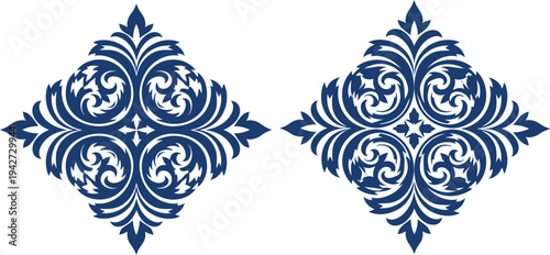 Intricate symmetrical patterns of traditional arabesque designs in navy blue ink