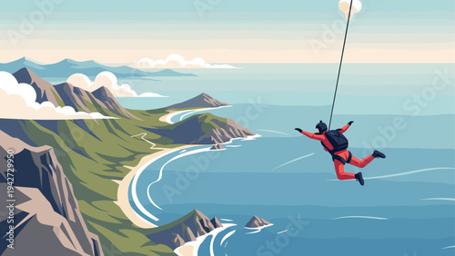 Thrilling paragliding adventure over coastal cliffs in vibrant flat art style